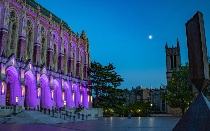 Suzzallo library at night lit up by purple lights