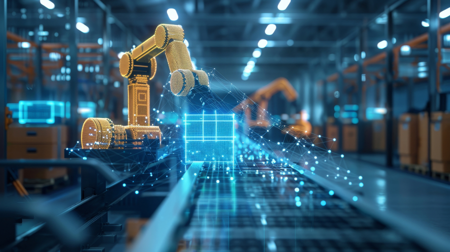 A robotic arm in a futuristic factory moves a digitally enhanced box along a conveyor belt.