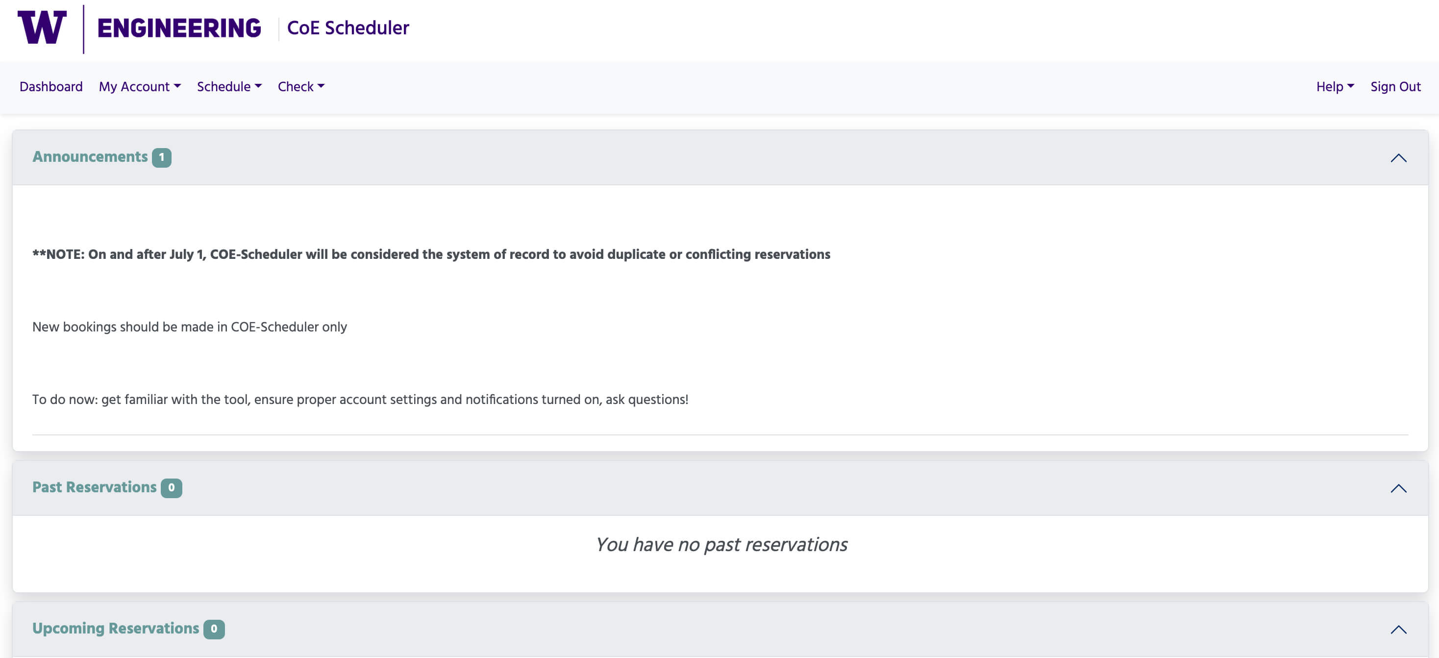 CoE Scheduler - Homepage screenshot