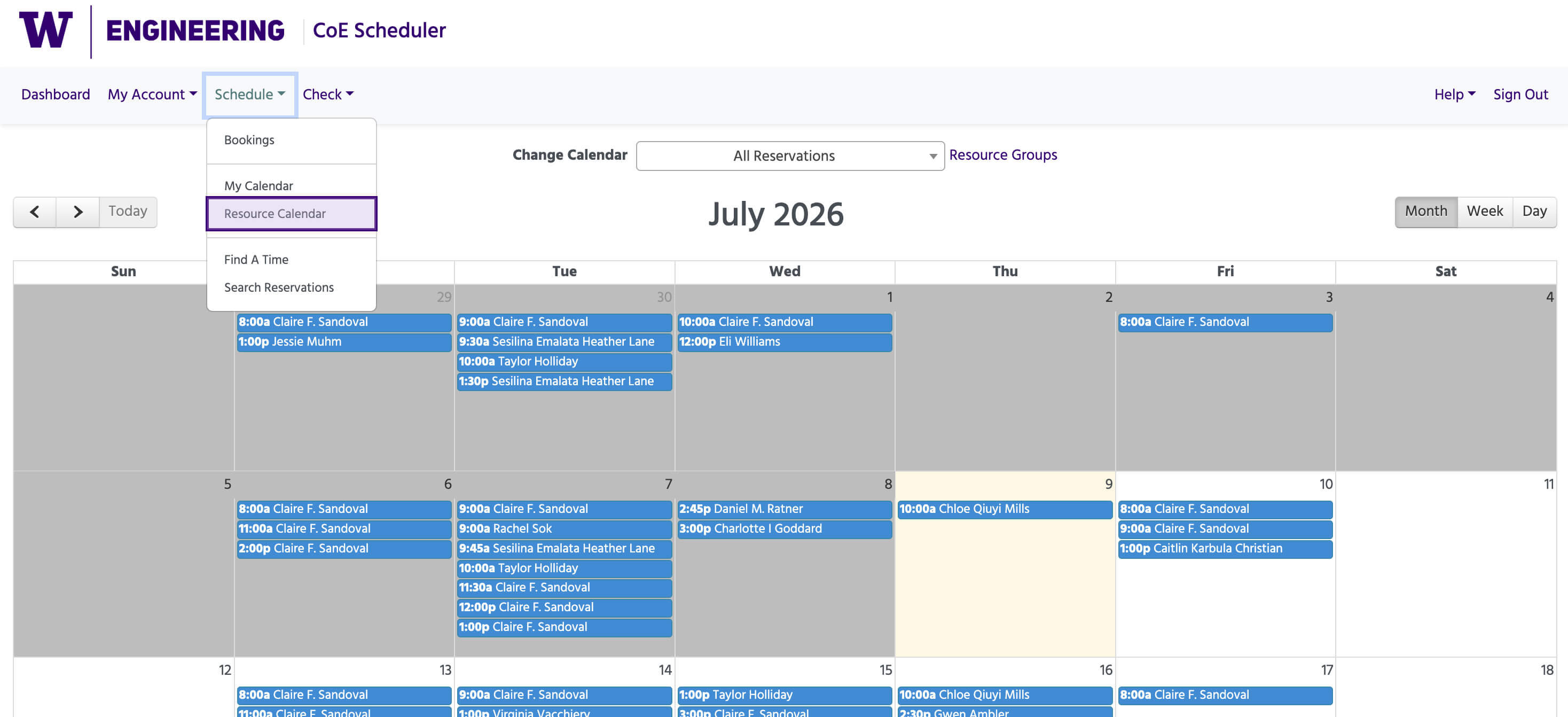 CoE Scheduler - Resource calendar screenshot