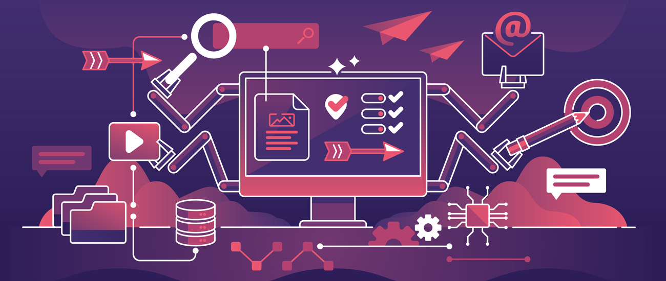 Illustration of a digital workspace with icons for media, data, and communication on a purple background.