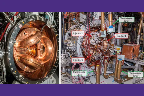 Two photos next to each other, both showing the prototype reactor. On the left has the injectors (three arcs in the middle of the reactor) highlighted, the right is busier but shows a more zoomed out photo with the injectors and the transmission lines labeled.