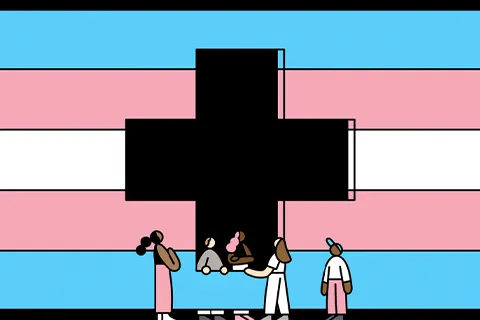 Illustration of a trans flag with a black medical plus sign in the middle and five people standing in front and behind the sign.