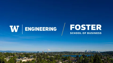 Panoramic view of the city, UW Engineering and Foster School of Business logos overlaid
