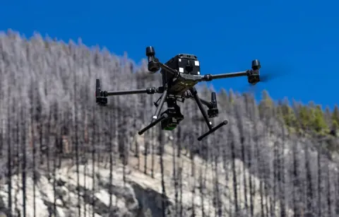 Drone flying over forest affected by wildfire