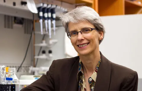 New Dean Nancy Allbritton sitting in a lab