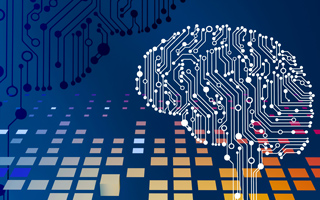 Stylized brain with circuitry pattern on dark blue background and colorful grid below.