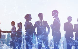 Silhouettes of people overlaid with network lines, set against a cityscape background.