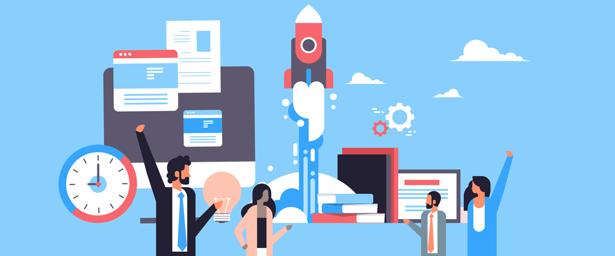 Illustration of individuals and a rocket launching in a work environment with collaborative elements like books, documents, a clock, and a monitor displaying web pages.