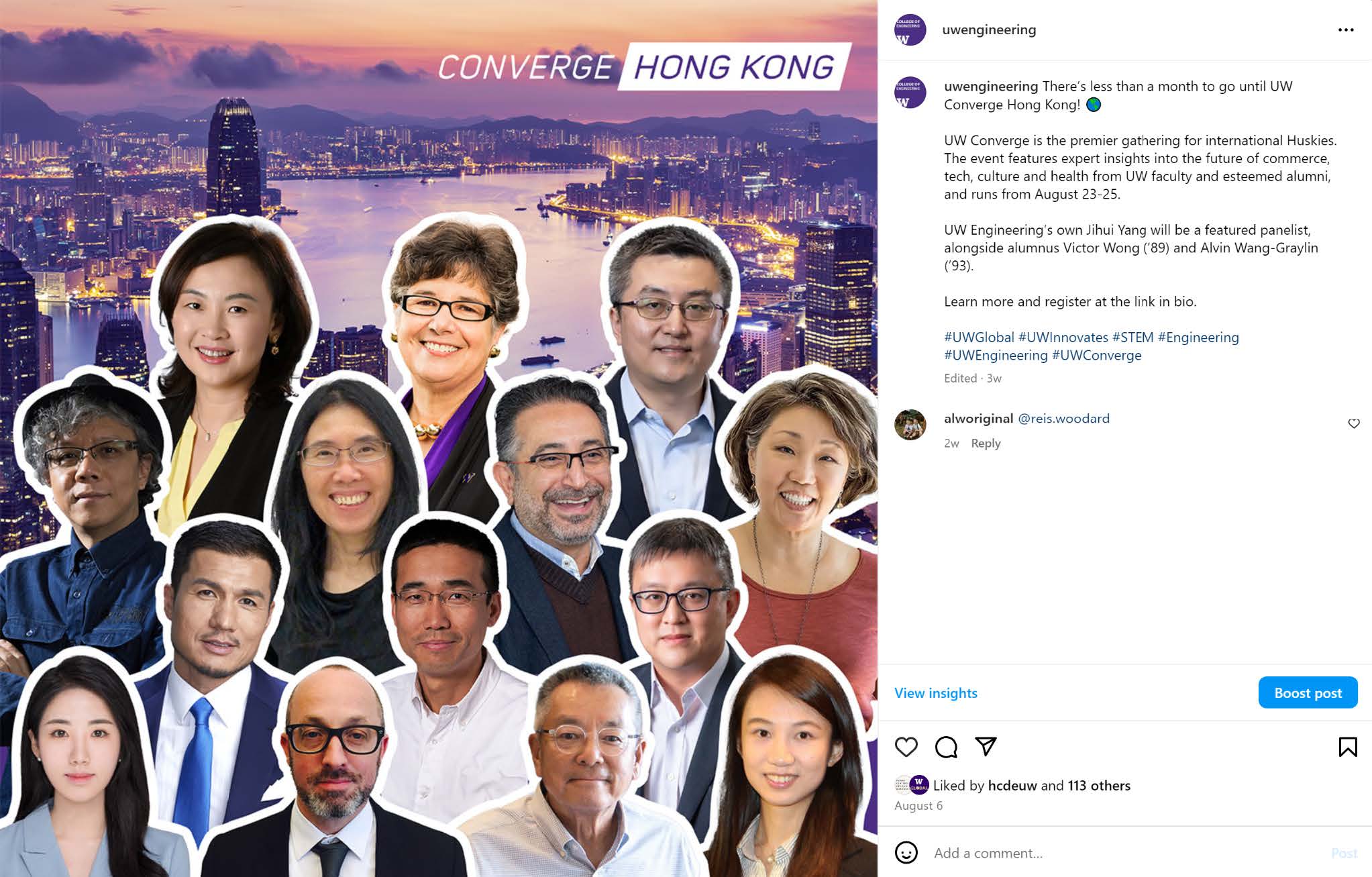 Screenshot of social media post: Collage of people over a sunset view of the Hong Kong skyline, with the text "CONVERGE HONG KONG."