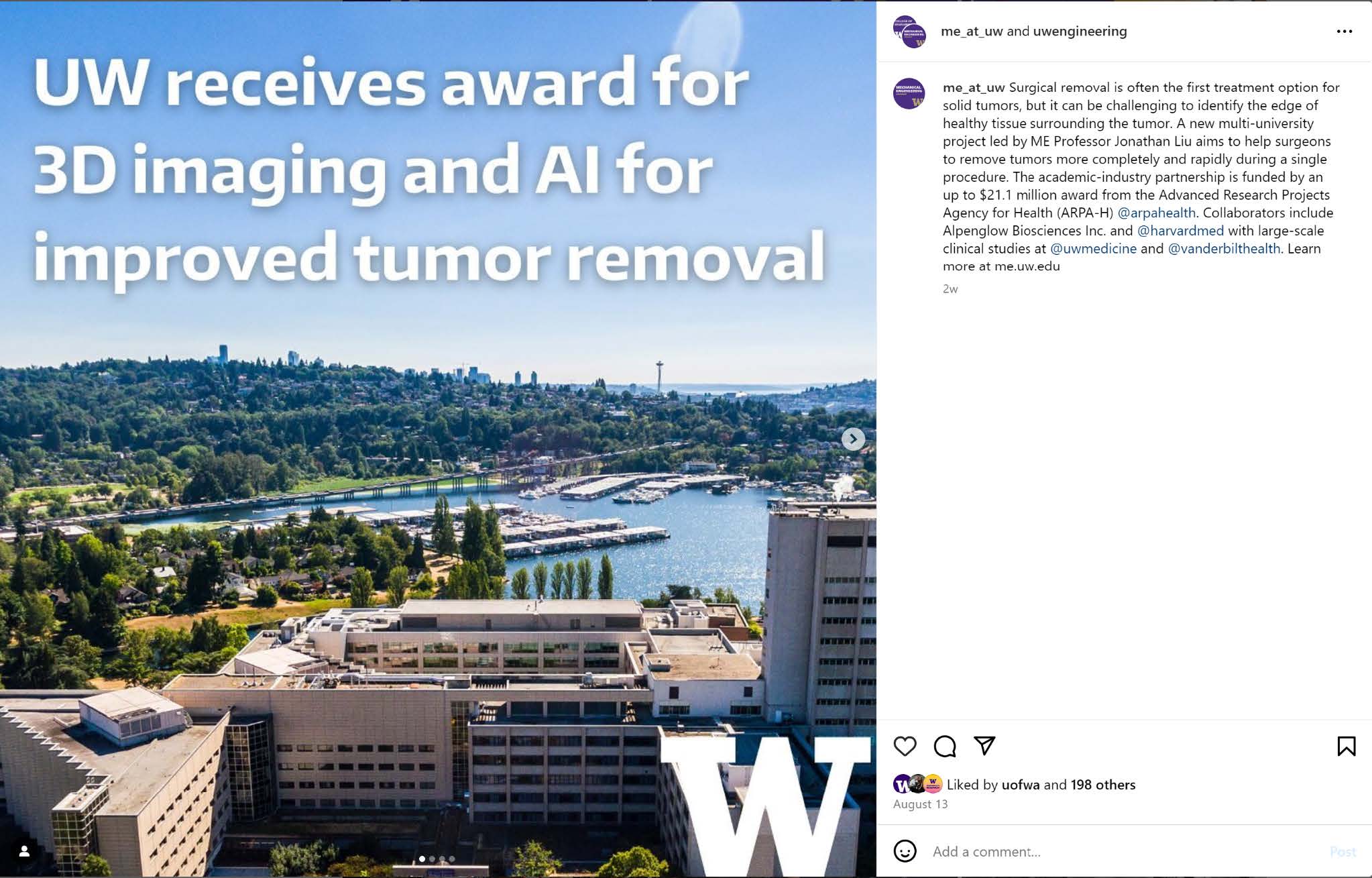 Sample social media post: Panoramic view of a university campus with text overlay: "UW receives award for 3D imaging and AI for improved tumor removal."