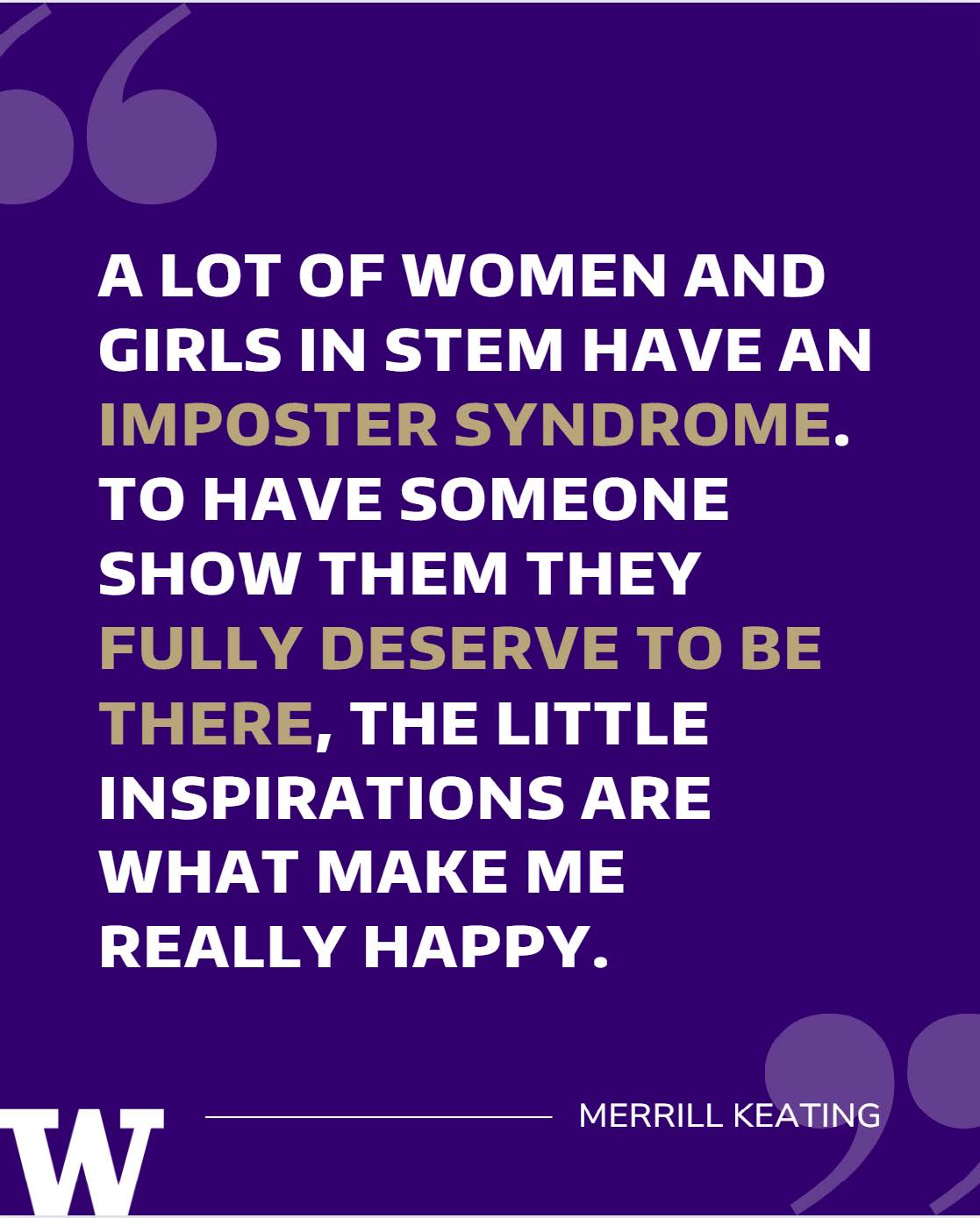 Purple background with text about women in STEM and imposter syndrome, highlighting inspiration.