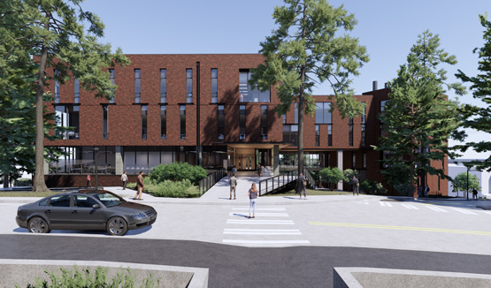 Rendering of the IEB, a modern brick building with trees, parked car, and pedestrians.