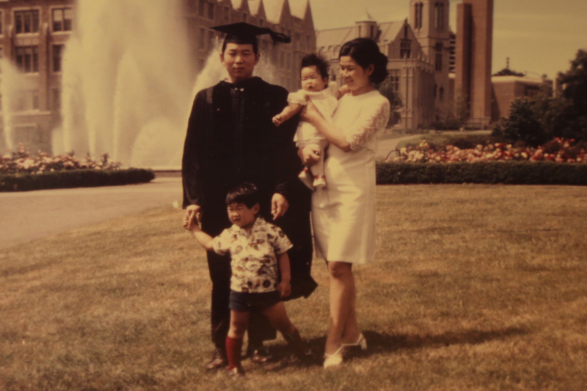 The Liao family in front of UW’s Drumheller Fountain celebrating Paul’s graduation. Photo courtesy of the Liao family.