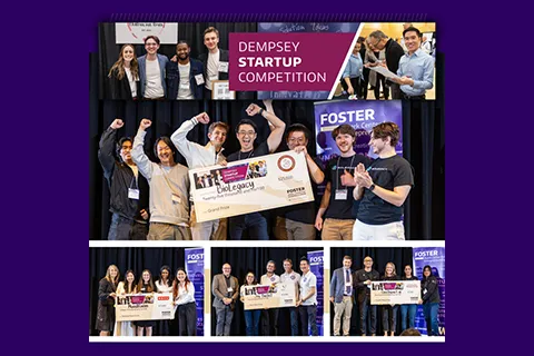 A collage shows multiple teams participating in the Dempsey Startup Competition. Participants hold large checks and celebrate their achievements on stage.