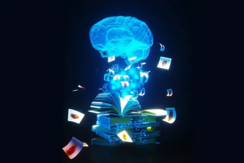 A glowing brain emerging from a stack of books