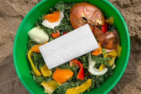 A white square piece of foam on top of a bowl of vegetables. 