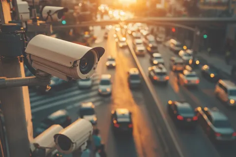 Close-up of a traffic surveillance camera overlooking a busy road with cars in motion during sunset